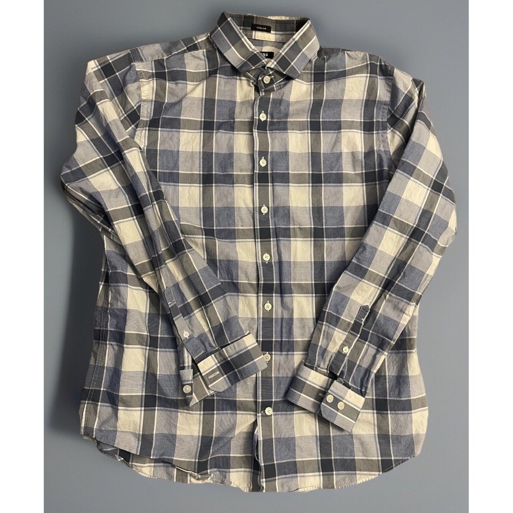 Express Long Sleeve Button Down Shirt Blue White Plaid Extra Slim Fit Large JBHS